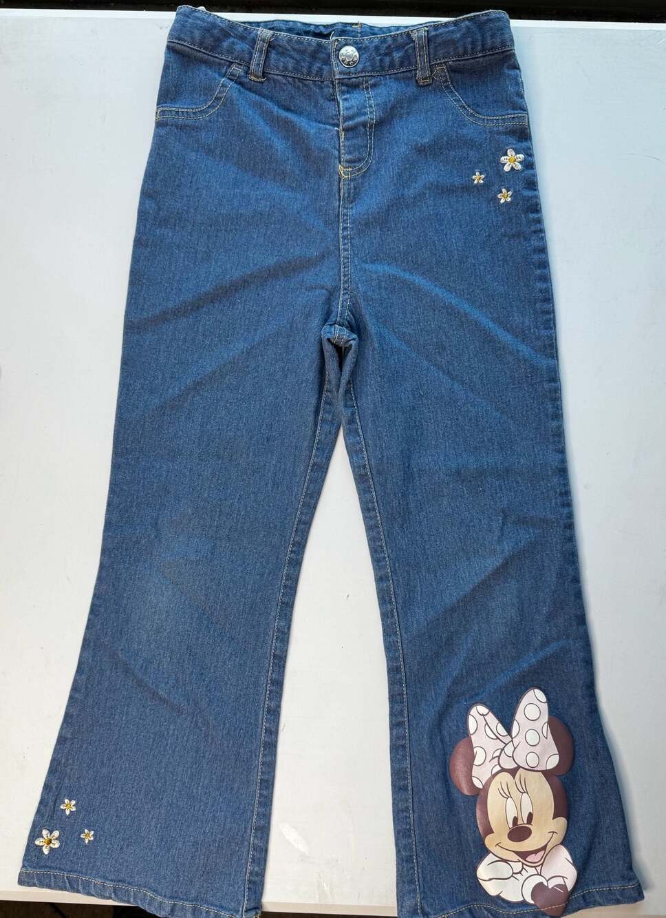 Junior Minnie Mouse Girls Blue Denim Flare Jeans with Minnie Graphic and Daisy E